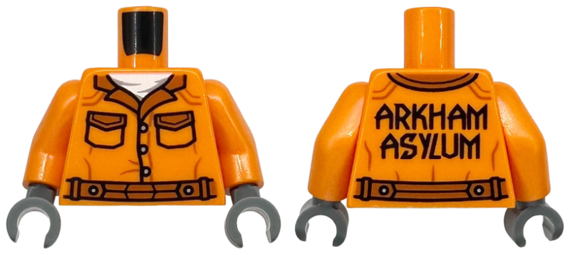 Torso Prison Jumpsuit with Dark Orange Collar, Pockets, Fold Lines, Seams and Belt, White Undershirt, Light Bluish Gray Buttons, Black 'ARKHAM ASYLUM' on Back Pattern / Orange Arms / Dark Bluish Gray Hands