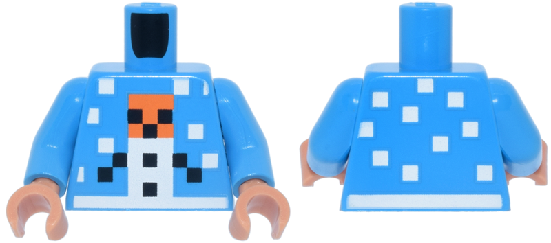 Torso Pixelated Holiday Sweater with White, Orange and Black Snow Golem and Snowflakes Pattern / Dark Azure Arms / Nougat Hands