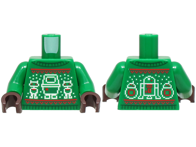 Torso Knit Fair Isle Holiday Sweater with Red Lines, White Snowflakes and SW Droids Pattern / Green Arms / Dark Brown Hands