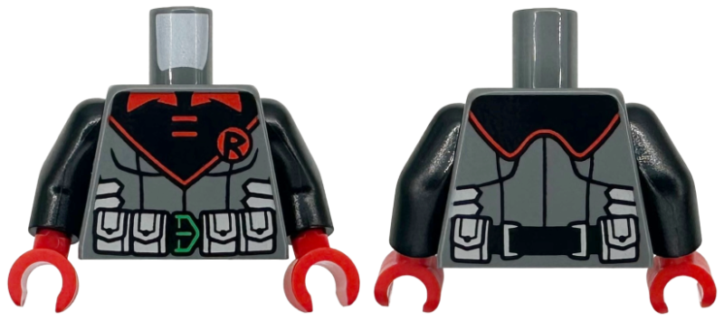 Torso with Red Collar, Letter 'R' in Circle Emblem, Black Utility Belt with Light Bluish Gray Pouches and Green Buckle Pattern / Black Arms / Red Hands