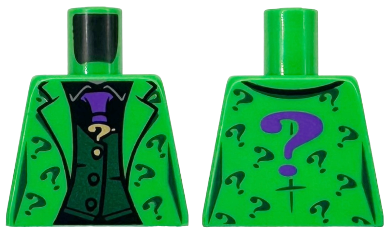 Torso Suit Jacket with Lapels over Vest with Buttons, Tie and Black Undershirt, Dark Green, Gold, and Dark Purple Question Marks Pattern