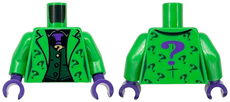 Torso Suit Jacket with Lapels over Vest with Buttons, Tie and Black Undershirt, Dark Green, Gold, and Dark Purple Question Marks Pattern / Bright Green Arms / Dark Purple Hands