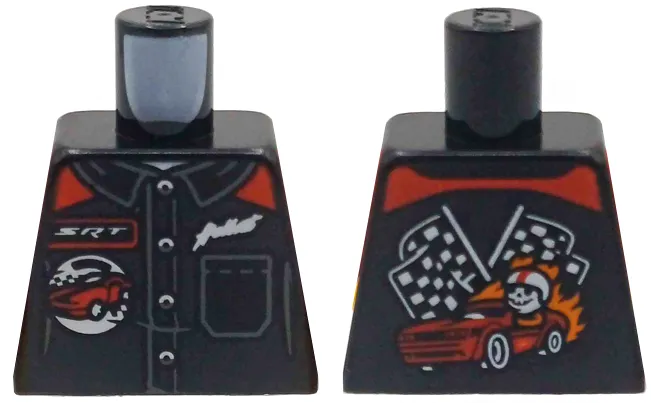 Torso Racing Suit with Dark Bluish Buttons and Pocket, White 'SRT' and 'Hellcat', Red Dodge Car with Skeleton Driver and Checkered Flags on Back Pattern