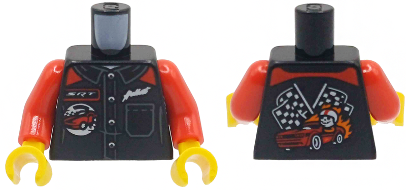 Torso Racing Suit with Dark Bluish Buttons and Pocket, White 'SRT' and 'Hellcat', Red Dodge Car with Skeleton Driver and Checkered Flags on Back Pattern / Red Arms / Yellow Hands