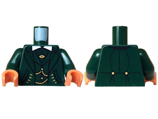 Torso Tuxedo Jacket Open over Vest and White Shirt, Gold Buttons, Chains and Eye Brooch Pattern / Dark Green Arms / Nougat Hands