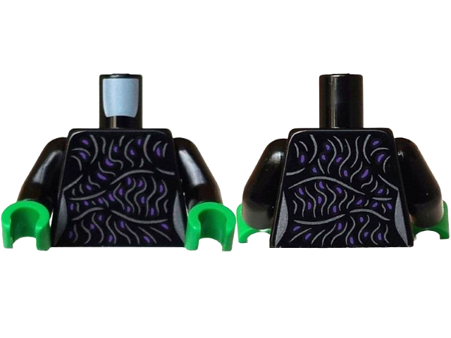 Torso Female Dress Top with Dark Purple Spots and Silver Wavy Lines Pattern / Black Arms / Bright Green Hands