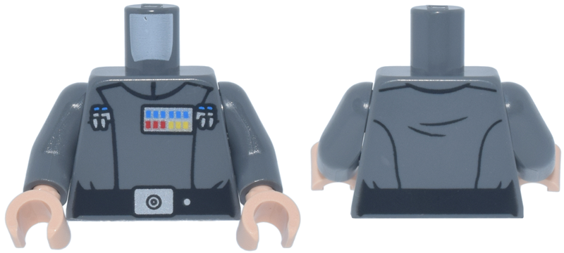 Torso SW Imperial Officer 21, Black Belt with Silver Buckle and Dot, Blue, Red and Yellow Rank Badge, 4 Code Cylinders, Folds on Back Pattern (Grand Moff Tarkin) / Dark Bluish Gray Arms / Light Nougat Hands