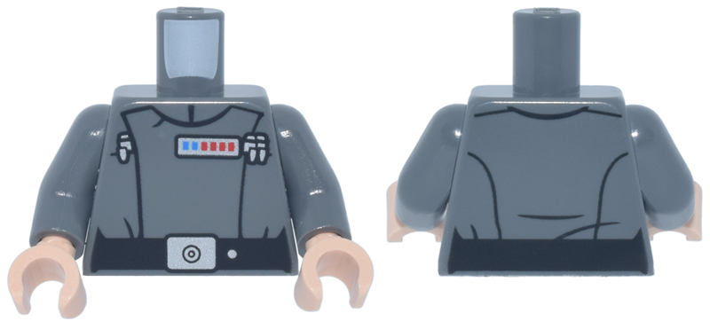 Torso SW Imperial Officer 22, Black Belt with Silver Buckle and Dot, Blue and Red Rank Badge, 3 Code Cylinders Pattern (Admiral Motti) / Dark Bluish Gray Arms / Light Nougat Hands