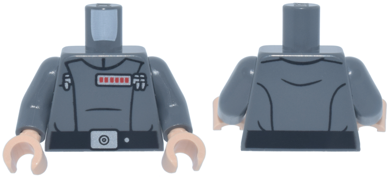 Torso SW Imperial Officer 23, Black Belt with Silver Buckle and Dot, Red Rank Badge, 3 Code Cylinders Pattern (General Tagge) / Dark Bluish Gray Arms / Light Nougat Hands