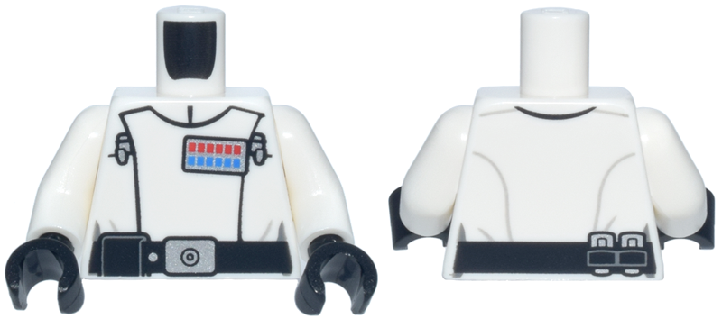Torso SW Imperial Officer 24, Black Belt with Pouch, Silver Buckle and Dot, Red and Blue Rank Badge, and 2 Code Cylinders Pattern (Director Krennic) / White Arms / Black Hands