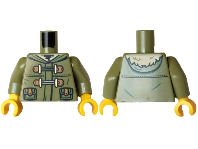 Torso Jacket with Hood, Tan Fur, Dark Green Trim, Pockets with Medium Nougat Leather Straps, Laces, Gold Toggle Buttons Pattern / Olive Green Arms / Yellow Hands