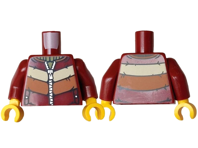 Torso Jacket with Dark Orange and Tan Stripes, Pockets, Silver Buttons and Zipper over Olive Green Sweater Pattern / Dark Red Arms / Yellow Hands