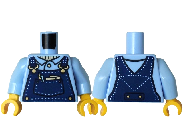Torso Dark Blue Overalls with Pocket, Stitches, Gold Buckles, Buttons and Pen over Shirt and Tan Sweater Pattern / Bright Light Blue Arms / Yellow Hands
