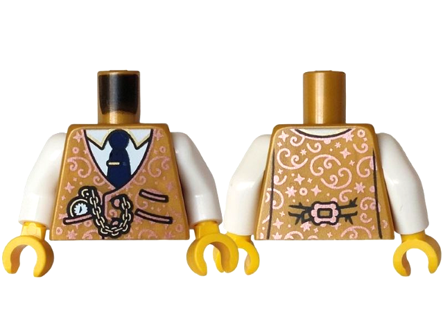 Torso Vest with Black Pockets, Copper Buckle, Curls, Dots and Sparkles, Gold Chain Watch over White Shirt, Dark Blue Tie with Clip Pattern / White Arms / Yellow Hands