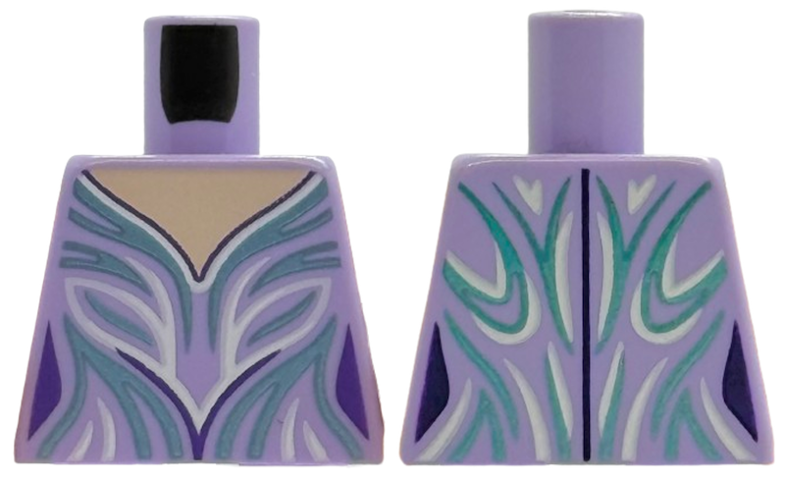 Torso Female Dress Top with Light Nougat Neck, Dark Purple, Metallic Light Blue and White Collar and Curved Lines Pattern