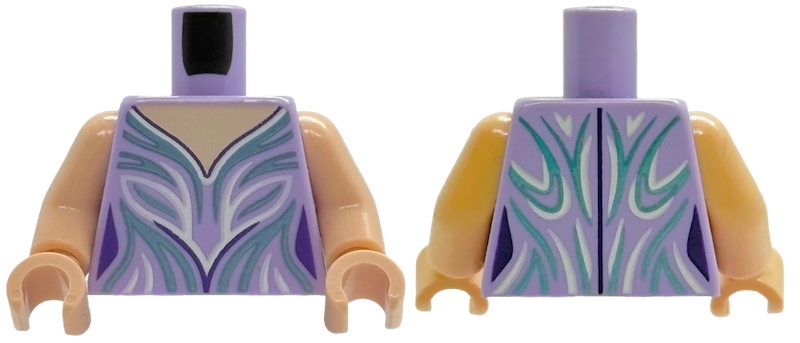 Torso Female Dress Top with Light Nougat Neck, Dark Purple, Metallic Light Blue and White Collar and Curved Lines Pattern / Light Nougat Arms / Light Nougat Hands