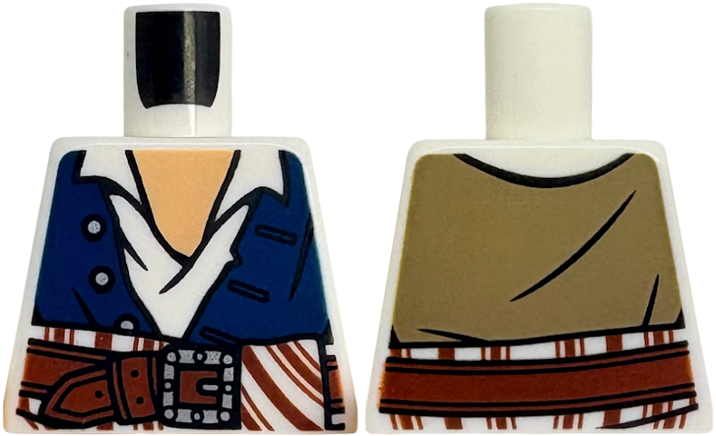 Torso Open Shirt, Dark Blue Vest with Dark Tan Back, 3 Buttons, Medium Tan Neck, Reddish Brown Belt and Striped Sash, Silver Buckle Pattern