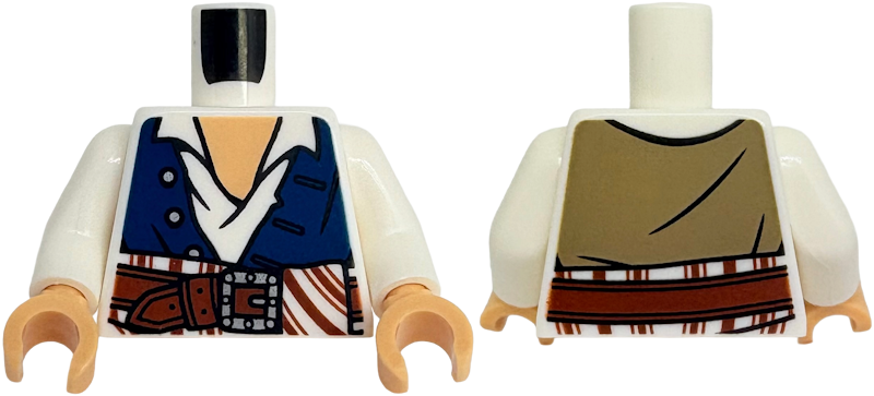 Torso Open Shirt, Dark Blue Vest with Dark Tan Back, 3 Buttons, Medium Tan Neck, Reddish Brown Belt and Striped Sash, Silver Buckle Pattern / White Arms / Medium Tan Hands