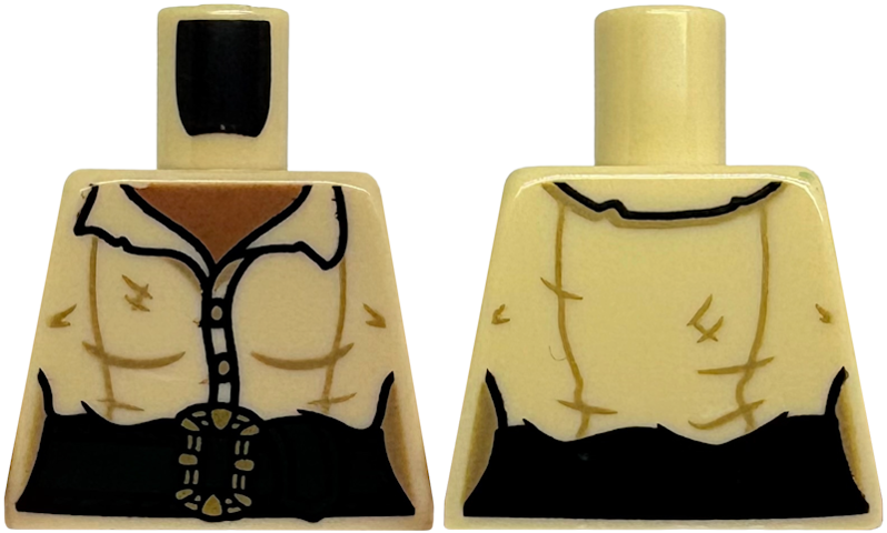 Torso Shirt with Open Collar and 2 buttons, Medium Brown Neck, Dark Green Belt with Gold Buckle Pattern