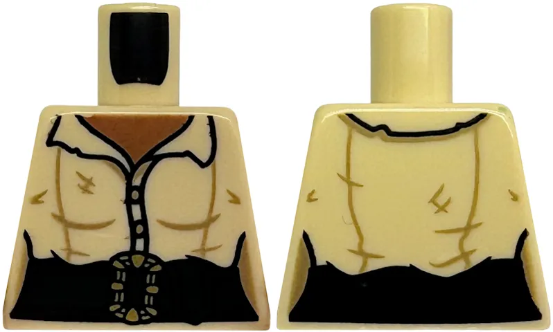 Torso Shirt with Open Collar and 2 buttons, Medium Brown Neck, Dark Green Belt with Gold Buckle Pattern