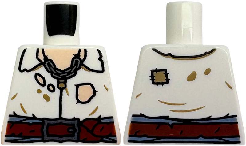 Torso Shirt Tattered with Open Collar and Holes, Light Nougat Skin, Reddish Brown Belt, Silver Buckle and Chain Necklace Pattern