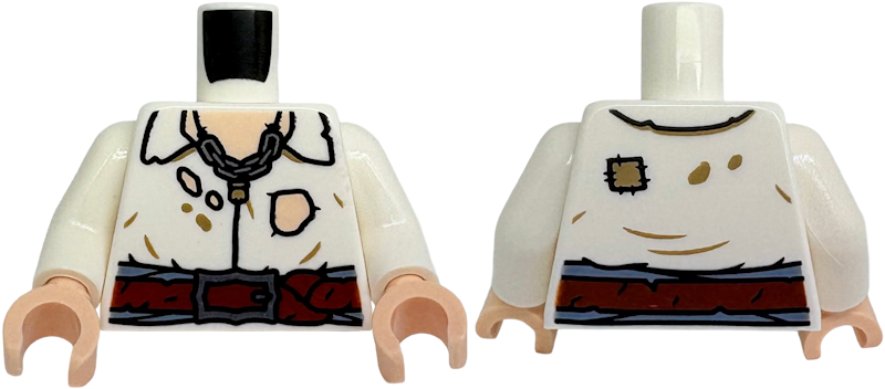 Torso Shirt Tattered with Open Collar and Holes, Light Nougat Skin, Reddish Brown Belt, Silver Buckle and Chain Necklace Pattern / White Arms / Light Nougat Hands