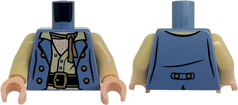 Torso Jacket with 6 Buttons over Tan Shirt with Open Collar, Black Belt, Dark Tan Buckle and Scarf, Hairy Light Nougat Chest Pattern / Tan Arms / Light Nougat Hands