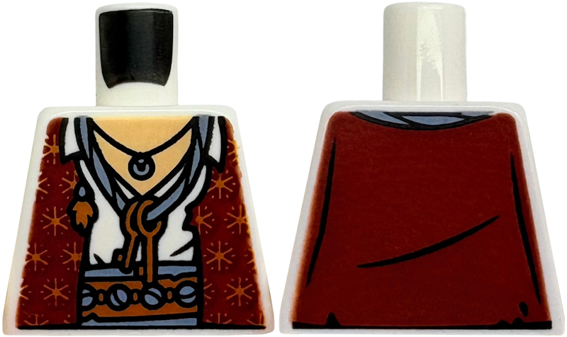 Torso Dark Red Vest with Sparkles over White Shirt with Open Collar, Medium Tan Neck, Dark Orange Belt with Beads, Sand Blue Sash, Necklace and Cord with Keys Pattern