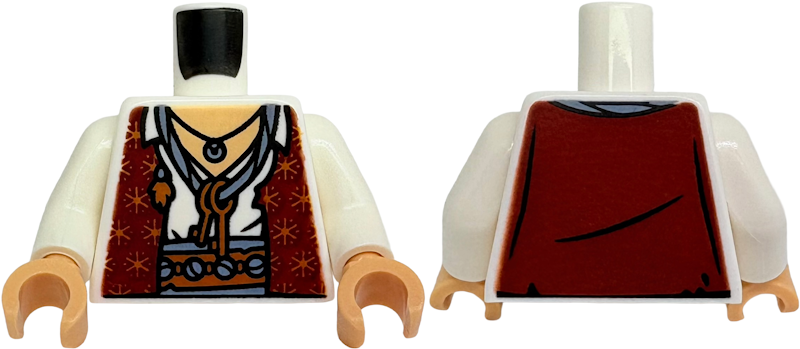 Torso Dark Red Vest with Sparkles over White Shirt with Open Collar, Medium Tan Neck, Dark Orange Belt with Beads, Sand Blue Sash, Necklace and Cord with Keys Pattern / White Arms / Medium Tan Hands