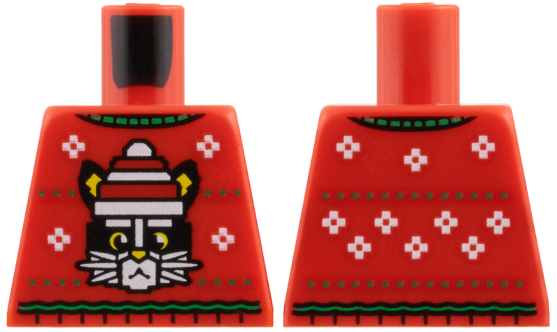 Torso Knit Fair Isle Holiday Sweater, Green Collar and Stripes, Black Cat with Christmas Stocking Cap, White Snowflakes Pattern