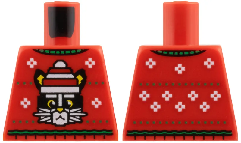 Torso Knit Fair Isle Holiday Sweater, Green Collar and Stripes, Black Cat with Christmas Stocking Cap, White Snowflakes Pattern