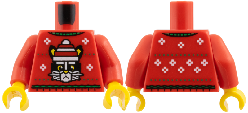 Torso Knit Fair Isle Holiday Sweater, Green Collar and Stripes, Black Cat with Christmas Stocking Cap, White Snowflakes Pattern / Red Arms / Yellow Hands