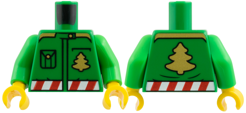 Torso Jacket with Gold Buttons, Christmas Trees and Shoulders, Red and White Candy Stripe Belt Pattern / Bright Green Arms / Yellow Hands
