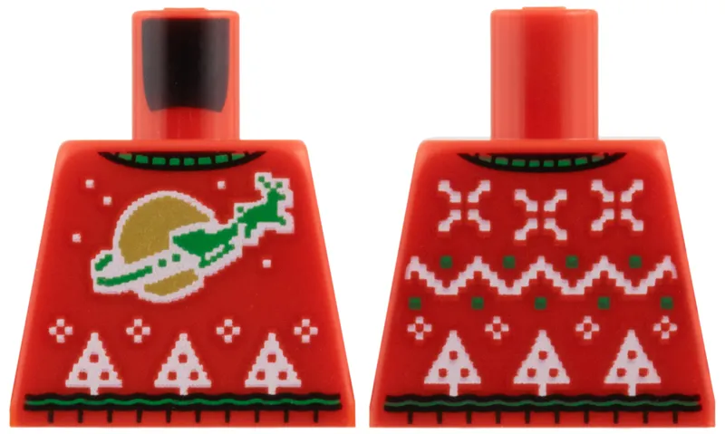 Torso Knit Fair Isle Holiday Sweater, Green Collar and Reindeer Sleigh, Gold Classic Space Moon, White Snowflakes and Christmas Trees Pattern