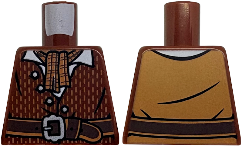 Torso Vest with Dashed Lines, 4 Buttons over White Shirt, Dark Brown Belt with Silver Buckle, Medium Nougat Plaid Scarf Pattern