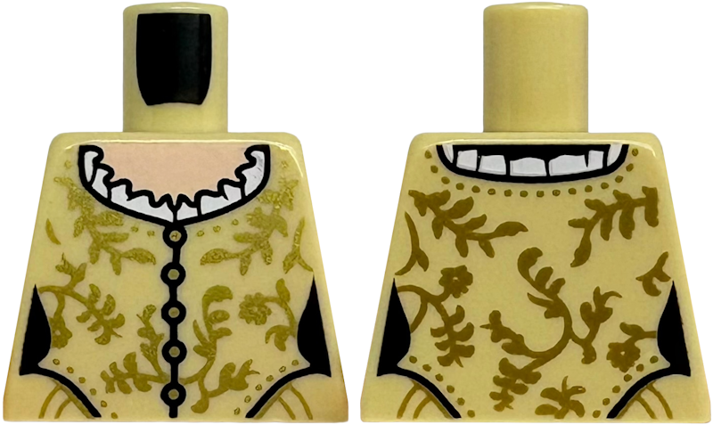 Torso Female Dress with Gold Buttons, Flowers and Leaves, White Collar with Ruffles, Light Nougat Neck Pattern