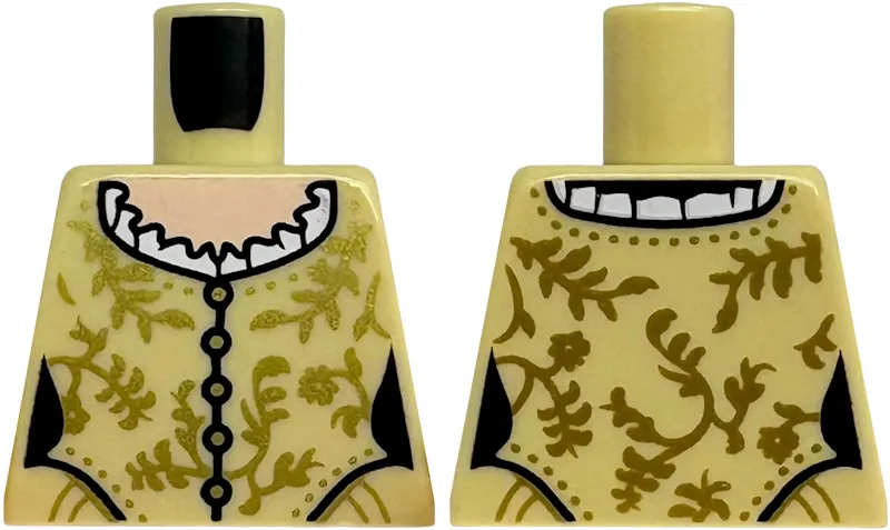 Torso Female Dress with Gold Buttons, Flowers and Leaves, White Collar with Ruffles, Light Nougat Neck Pattern