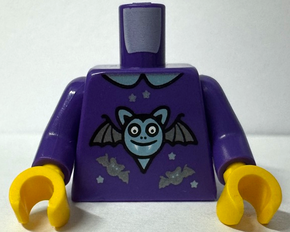 Torso Shirt with Collar, Metallic Light Blue Large Bat with Grin and Dark Silver Wings, Small Bats and Stars Pattern (BAM) / Dark Purple Arms / Yellow Hands
