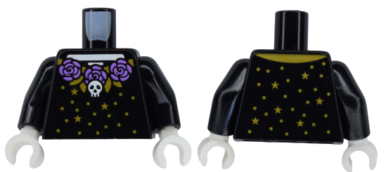 Torso La Catrina Dress with Medium Lavender Roses, White Skull, Gold Trim, Leaves, Stars and Dots over Skeleton Torso Pattern (BAM) / Black Arms / White Hands