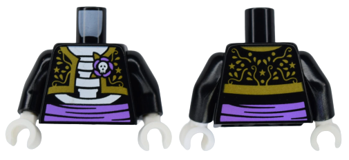 Torso El Catrín Cropped Jacket with Gold Elaborate Trim, Rose with White Skull over Skeleton Torso, Medium Lavender Sash Pattern (BAM) / Black Arms / White Hands