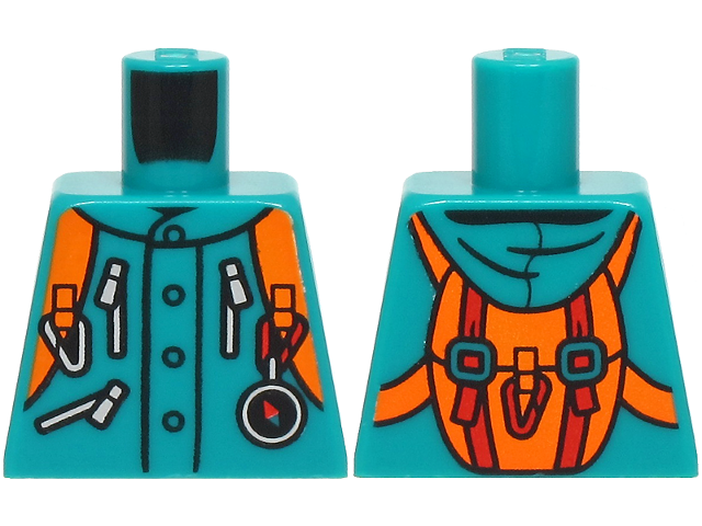 Torso Jacket with Hood and Pockets with Silver Zippers, Orange Backpack with Red Belts, Carabiner and Compass Pattern (BAM)