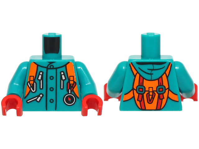 Torso Jacket with Hood and Pockets with Silver Zippers, Orange Backpack with Red Belts, Carabiner and Compass Pattern (BAM) / Dark Turquoise Arms / Red Hands
