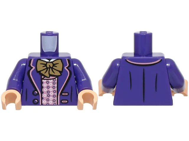 Torso Suit Jacket Open with 2 Buttons, Metallic Pink Trim and Shirt with Frills, White Collar, Dark Tan Bow Tie Pattern / Dark Purple Arms / Light Nougat Hands