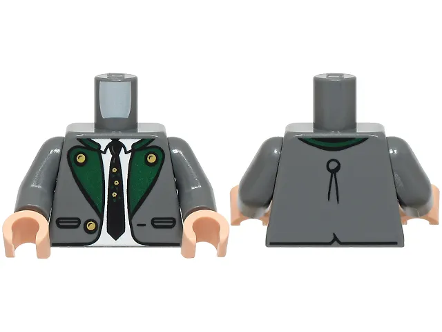 Torso Suit Jacket Open with Pockets and Gold Buttons, Dark Green Lapels, White Shirt, Black Tie Pattern / Dark Bluish Gray Arms / Light Nougat Hands