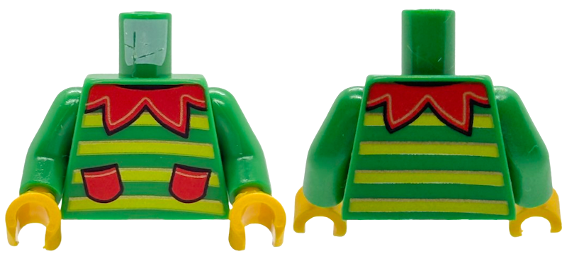 Torso Sweater with Lime Stripes, Red Scalloped Collar and Pockets Pattern (BAM) / Green Arms / Yellow Hands