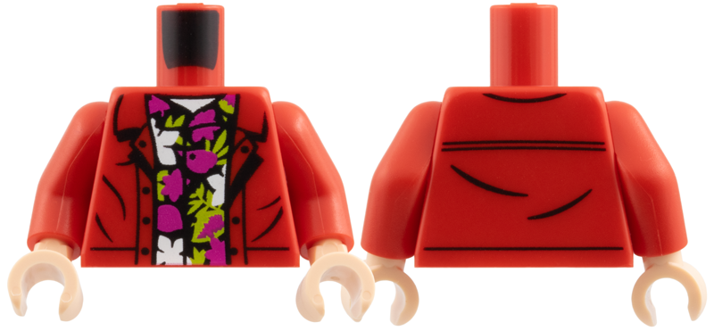 Torso Jacket Open, Black Hawaiian Shirt with Lime Leaves, White and Magenta Flowers Pattern / Red Arms / Light Nougat Hands