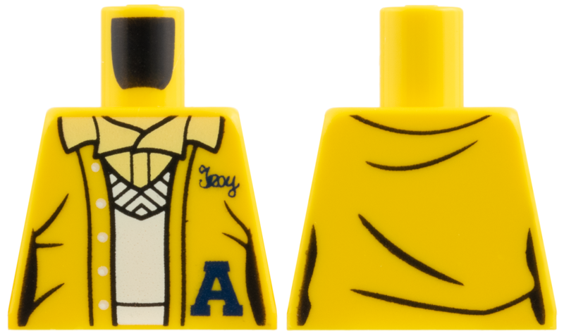 Torso Female Vest with Dark Blue Letter A and 'Troy', Bright Light Yellow Shirt Collar, White V-Neck Sweater Pattern