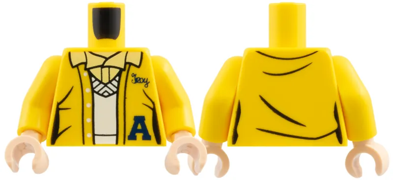 Torso Female Vest with Dark Blue Letter A and 'Troy', Bright Light Yellow Shirt Collar, White V-Neck Sweater Pattern / Yellow Arms / Light Nougat Hands