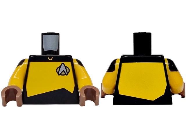 Torso Uniform Vest with Gold and Silver Star Trek Starfleet Insignia, Bright Light Orange Front and Back Panel Pattern / Bright Light Orange Arms with Black Shoulders Pattern / Medium Brown Hands