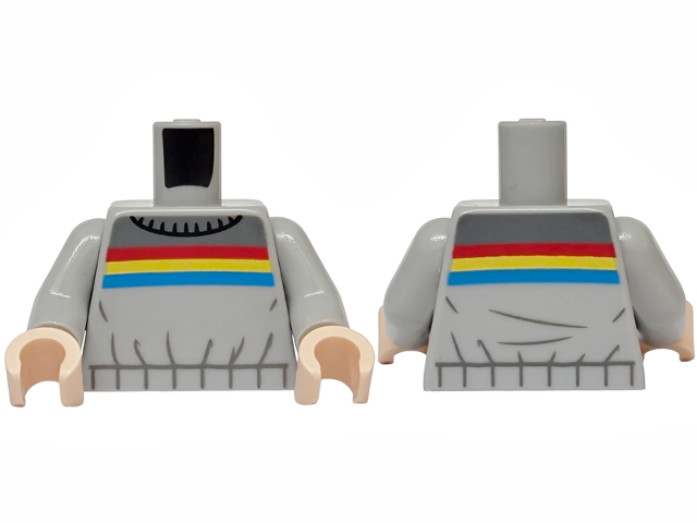 Torso Uniform Vest with Dark Bluish Gray Panel and Creases, Red, Yellow and Dark Azure Stripes Pattern / Light Bluish Gray Arms / Light Nougat Hands